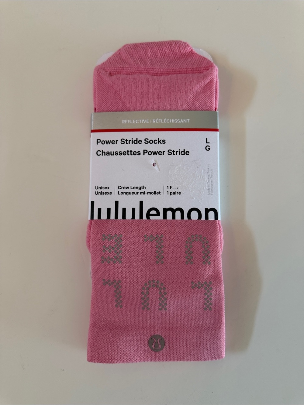 NEW Lululemon Power Stride Crew Socks Size L in Candy Cloud Reflective Cushioned